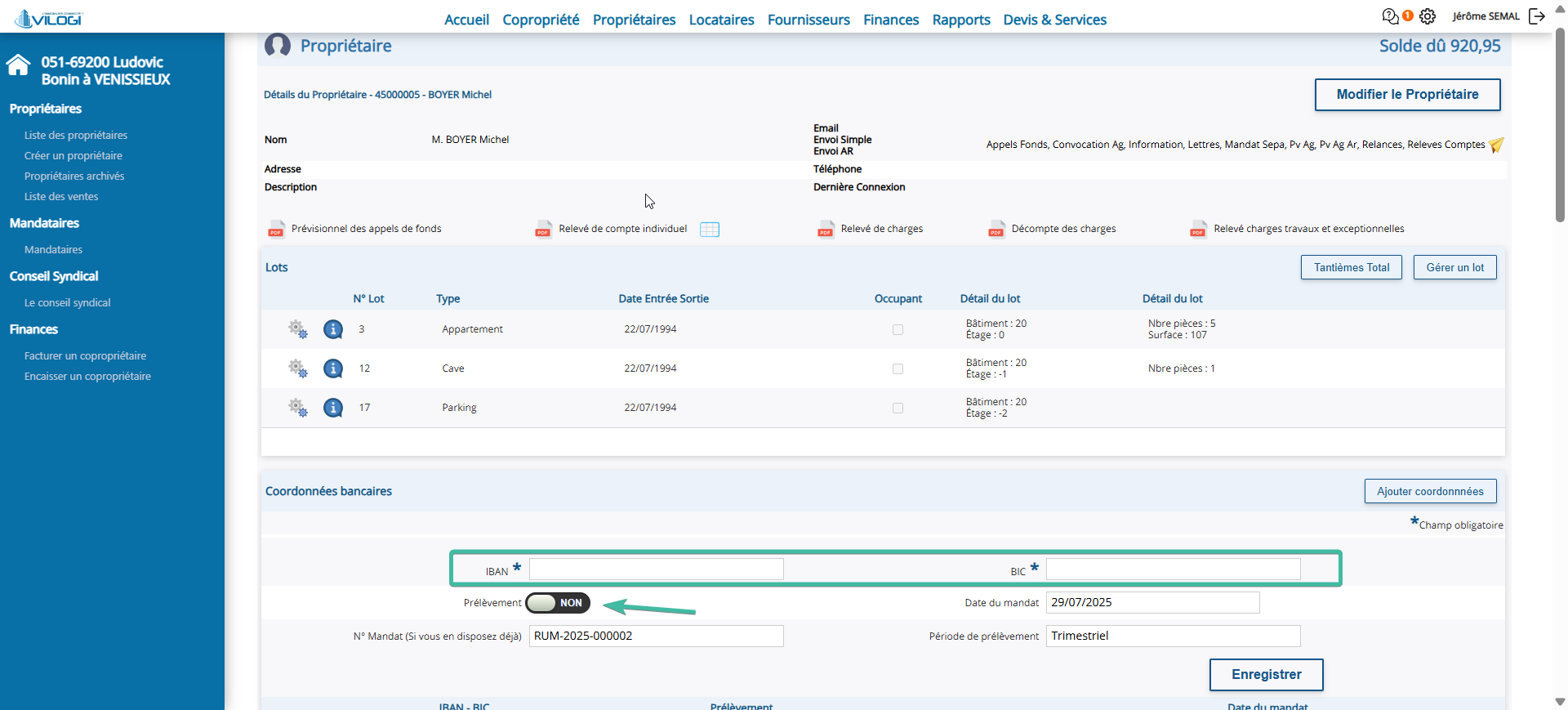 Sélectionner le copropriétaire pour saisir ses coordonnées bancaires pour gérer les prélèvements Tutoriel logiciel immobilier pour syndics et administrateurs de biens